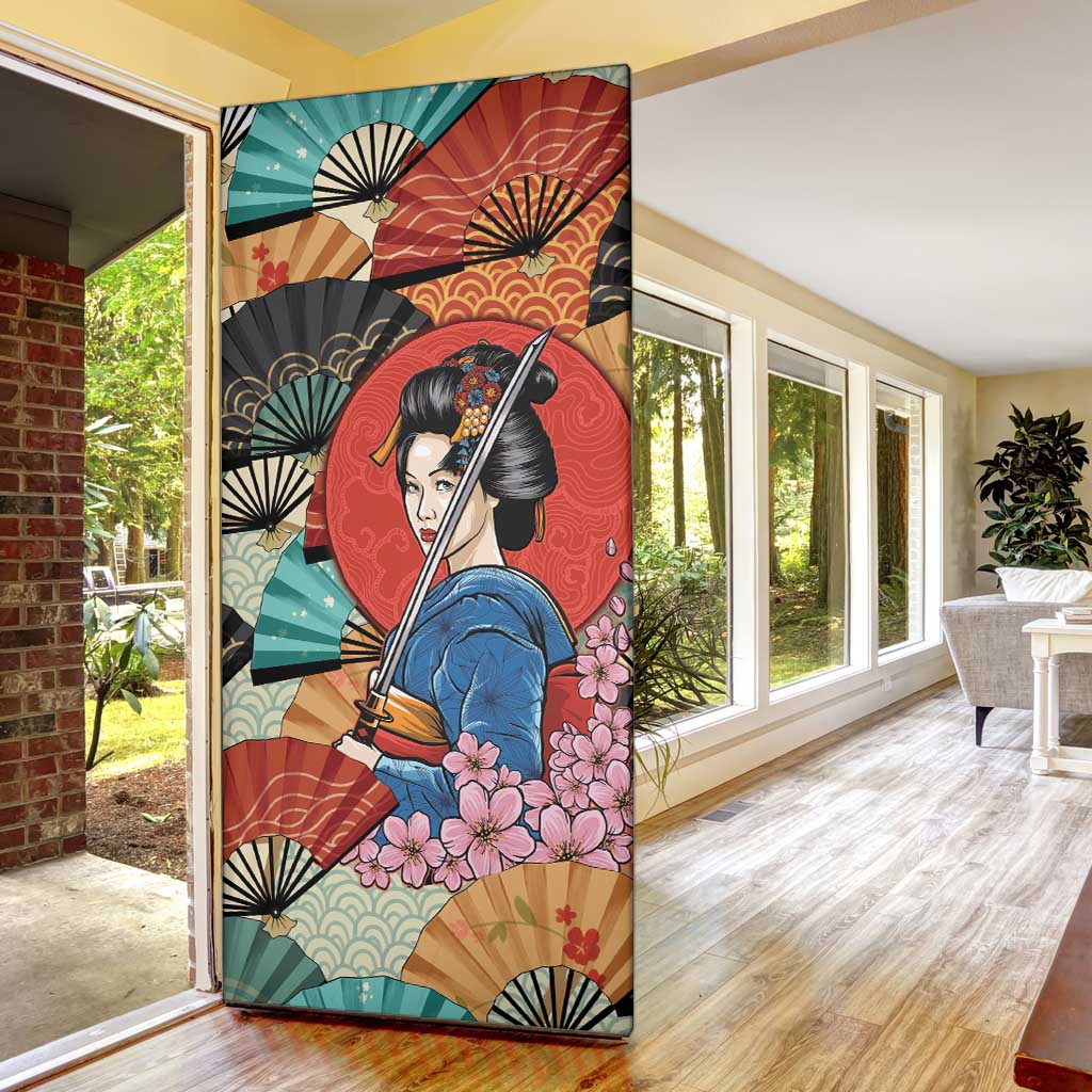 Japanese Geisha Katana Door Cover Japan Sensu Seigaiha Pattern - Polynesian Pride