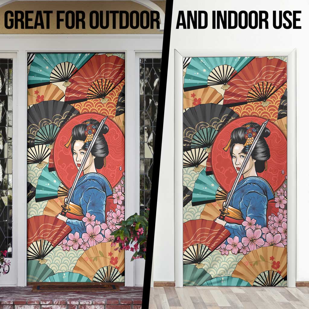 Japanese Geisha Katana Door Cover Japan Sensu Seigaiha Pattern - Polynesian Pride