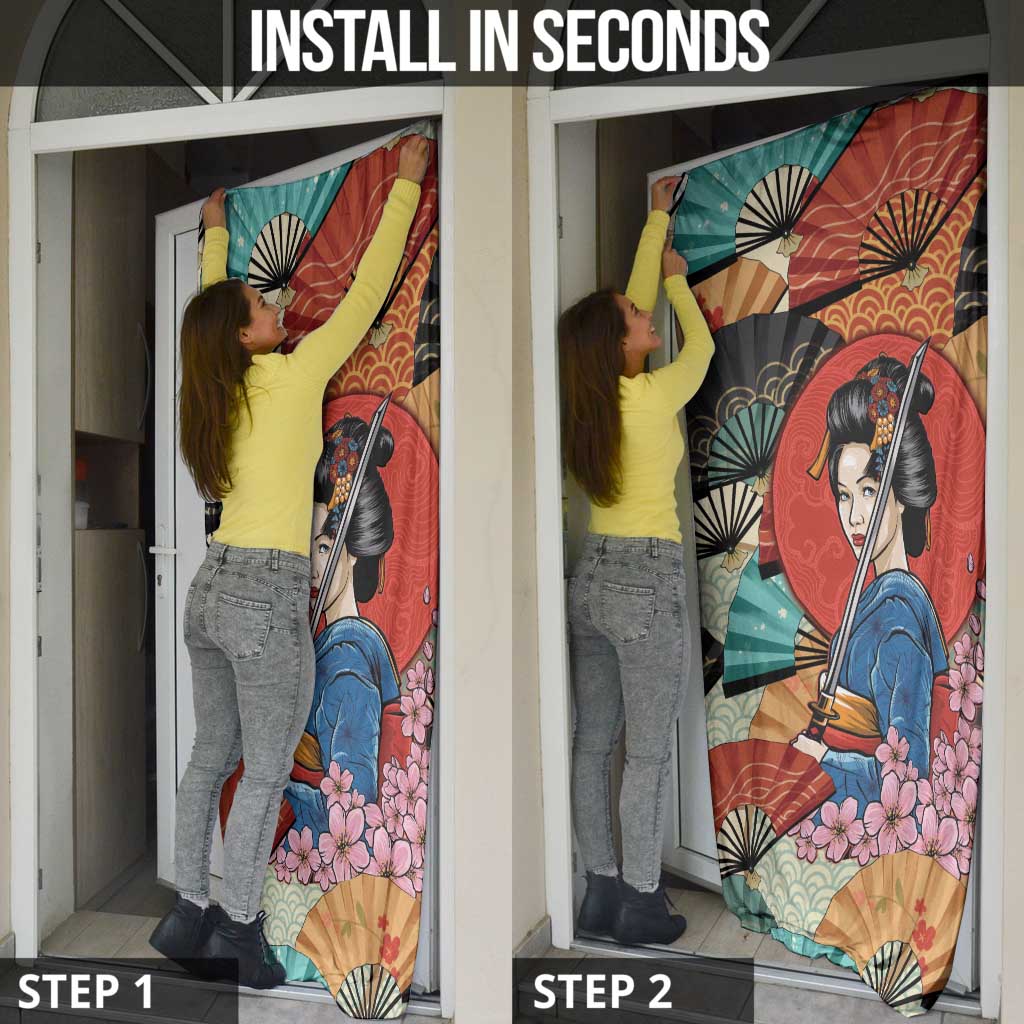 Japanese Geisha Katana Door Cover Japan Sensu Seigaiha Pattern - Polynesian Pride
