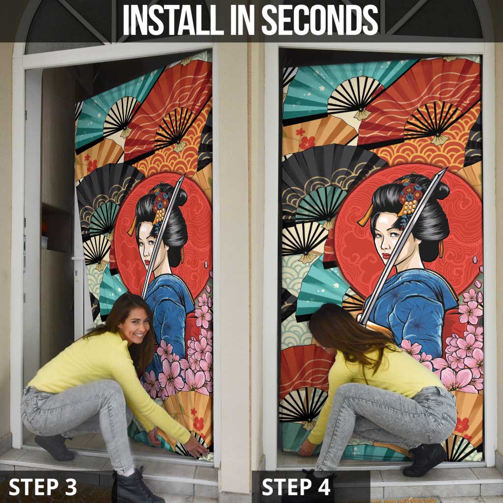 Japanese Geisha Katana Door Cover Japan Sensu Seigaiha Pattern - Polynesian Pride