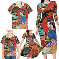 Japanese Geisha Katana Family Matching Long Sleeve Bodycon Dress and Hawaiian Shirt Japan Sensu Seigaiha Pattern - Polynesian Pride