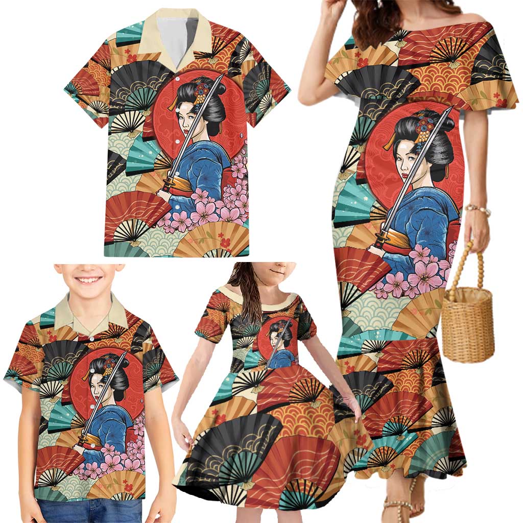 Japanese Geisha Katana Family Matching Mermaid Dress and Hawaiian Shirt Japan Sensu Seigaiha Pattern - Polynesian Pride