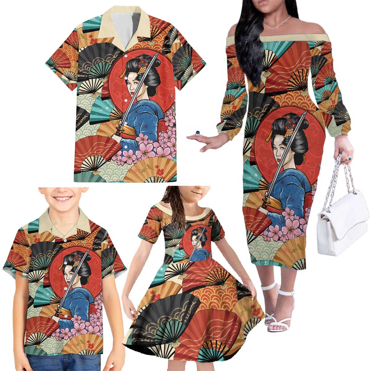 Japanese Geisha Katana Family Matching Off The Shoulder Long Sleeve Dress and Hawaiian Shirt Japan Sensu Seigaiha Pattern - Polynesian Pride