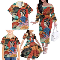 Japanese Geisha Katana Family Matching Off The Shoulder Long Sleeve Dress and Hawaiian Shirt Japan Sensu Seigaiha Pattern - Polynesian Pride