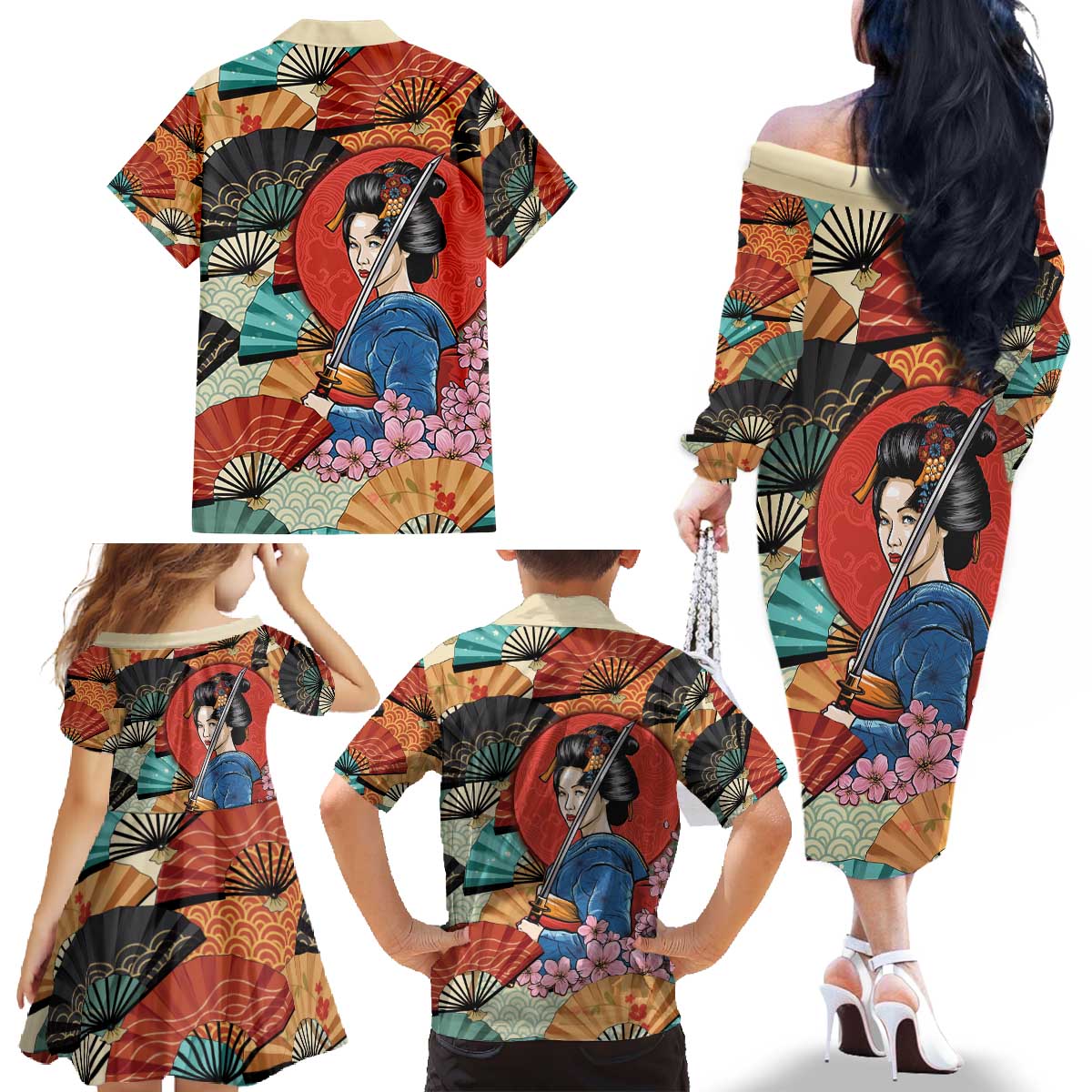 Japanese Geisha Katana Family Matching Off The Shoulder Long Sleeve Dress and Hawaiian Shirt Japan Sensu Seigaiha Pattern - Polynesian Pride