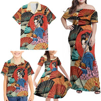 Japanese Geisha Katana Family Matching Off Shoulder Maxi Dress and Hawaiian Shirt Japan Sensu Seigaiha Pattern - Polynesian Pride