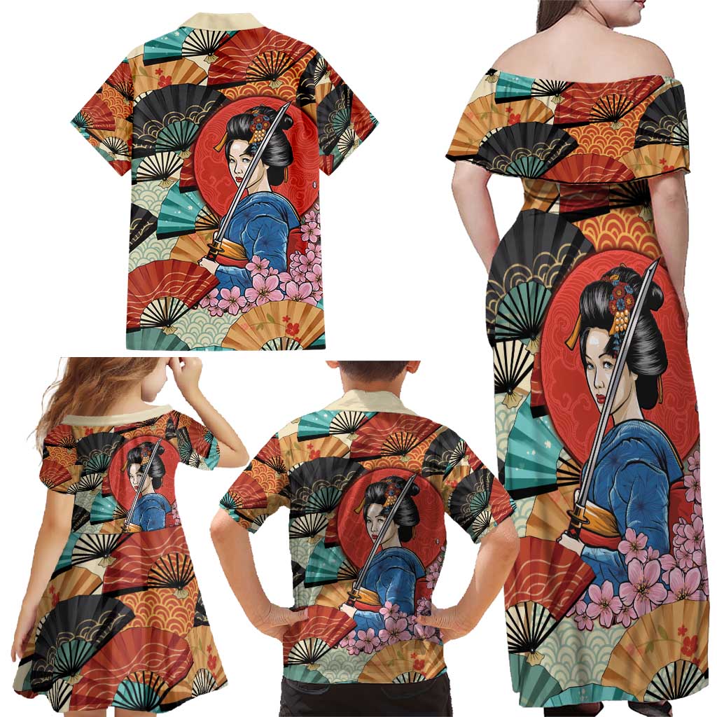 Japanese Geisha Katana Family Matching Off Shoulder Maxi Dress and Hawaiian Shirt Japan Sensu Seigaiha Pattern - Polynesian Pride