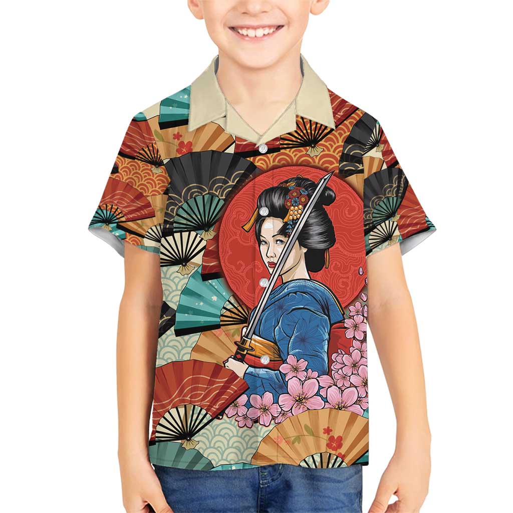 Japanese Geisha Katana Family Matching Off Shoulder Maxi Dress and Hawaiian Shirt Japan Sensu Seigaiha Pattern - Polynesian Pride