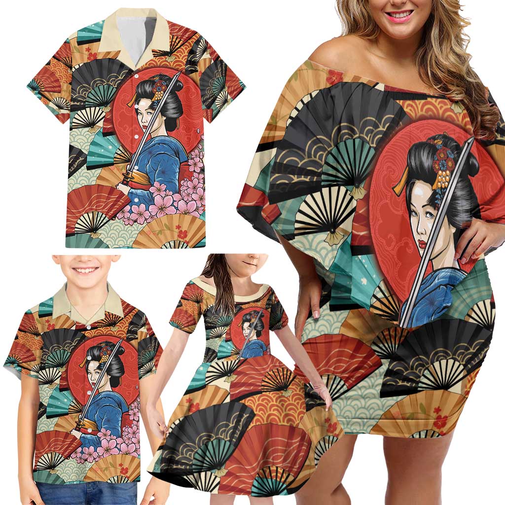 Japanese Geisha Katana Family Matching Off Shoulder Short Dress and Hawaiian Shirt Japan Sensu Seigaiha Pattern - Polynesian Pride