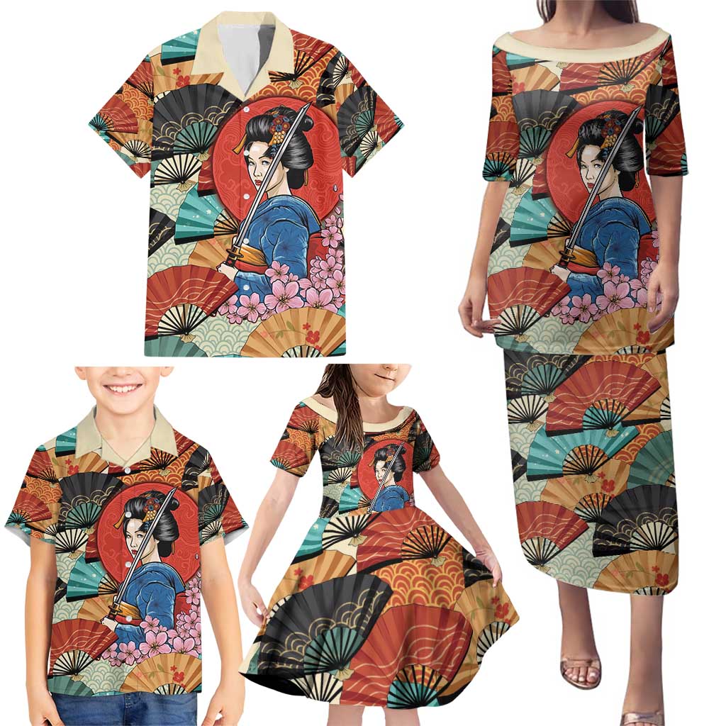 Japanese Geisha Katana Family Matching Puletasi and Hawaiian Shirt Japan Sensu Seigaiha Pattern - Polynesian Pride