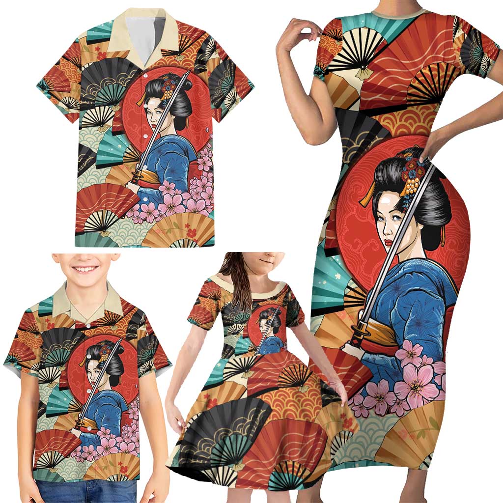 Japanese Geisha Katana Family Matching Short Sleeve Bodycon Dress and Hawaiian Shirt Japan Sensu Seigaiha Pattern - Polynesian Pride