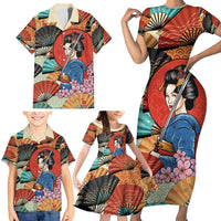 Japanese Geisha Katana Family Matching Short Sleeve Bodycon Dress and Hawaiian Shirt Japan Sensu Seigaiha Pattern - Polynesian Pride