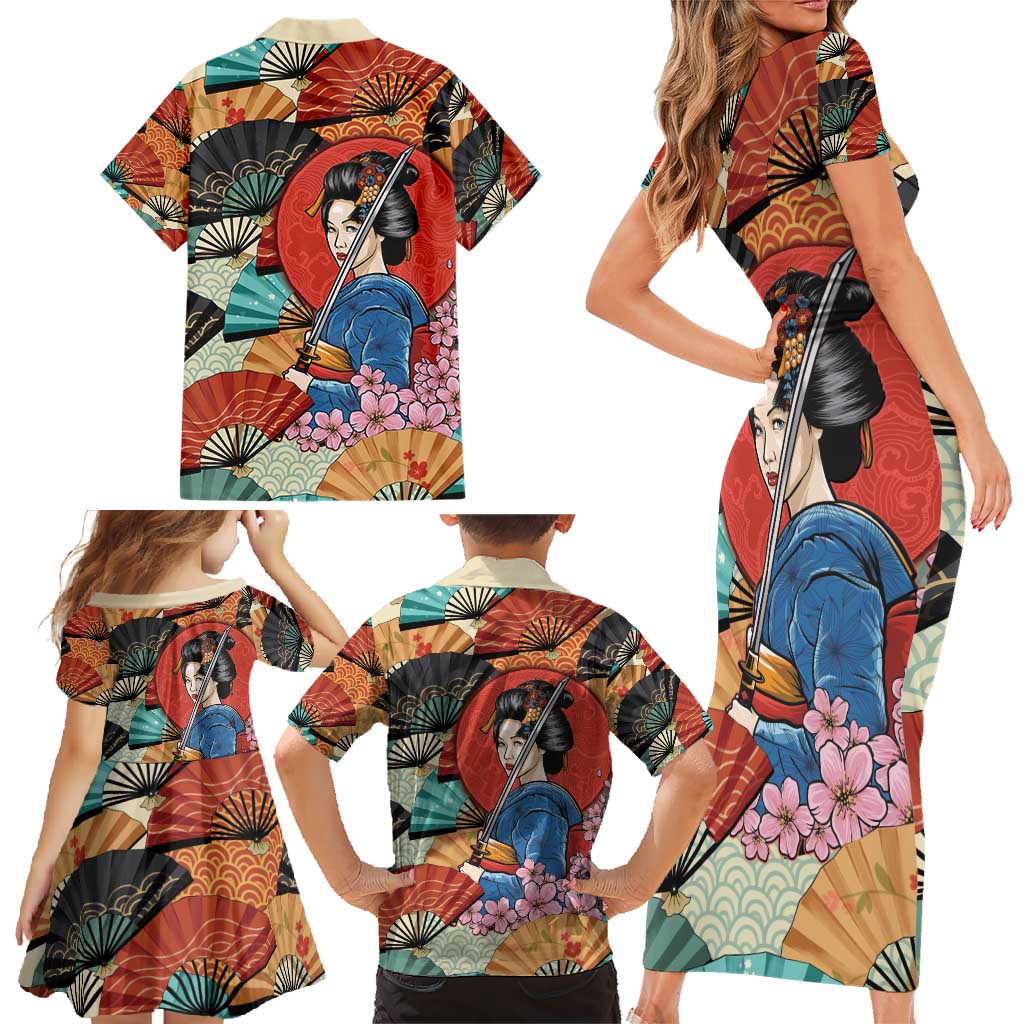Japanese Geisha Katana Family Matching Short Sleeve Bodycon Dress and Hawaiian Shirt Japan Sensu Seigaiha Pattern - Polynesian Pride