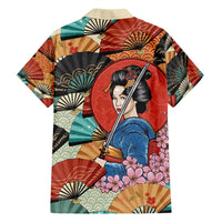 Japanese Geisha Katana Family Matching Short Sleeve Bodycon Dress and Hawaiian Shirt Japan Sensu Seigaiha Pattern - Polynesian Pride