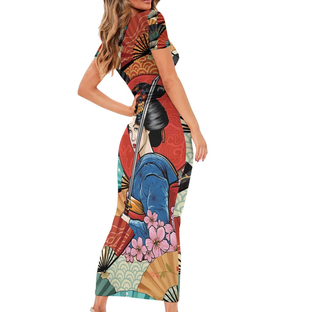 Japanese Geisha Katana Family Matching Short Sleeve Bodycon Dress and Hawaiian Shirt Japan Sensu Seigaiha Pattern - Polynesian Pride