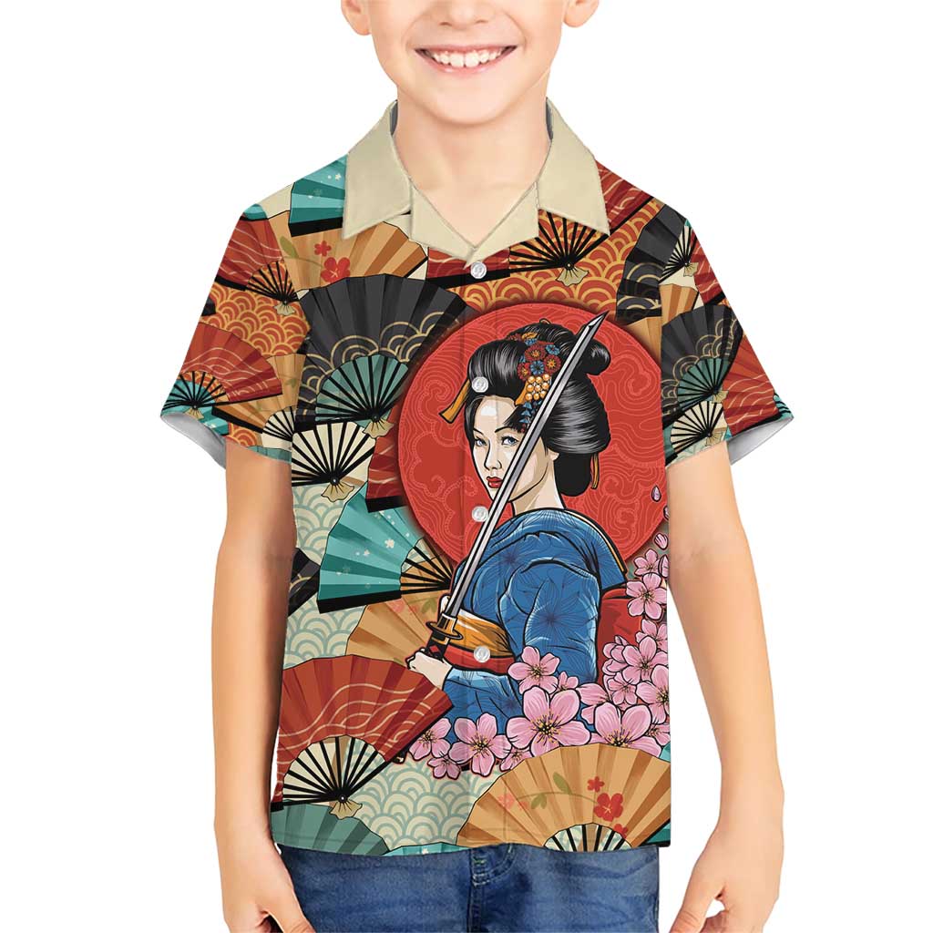 Japanese Geisha Katana Family Matching Short Sleeve Bodycon Dress and Hawaiian Shirt Japan Sensu Seigaiha Pattern - Polynesian Pride