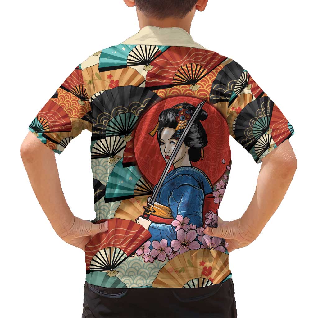 Japanese Geisha Katana Family Matching Summer Maxi Dress and Hawaiian Shirt Japan Sensu Seigaiha Pattern - Polynesian Pride