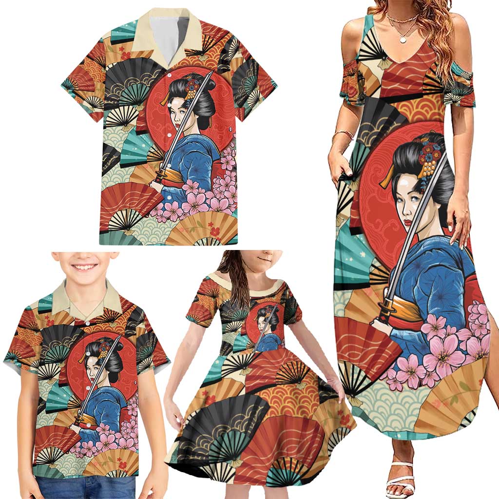 Japanese Geisha Katana Family Matching Summer Maxi Dress and Hawaiian Shirt Japan Sensu Seigaiha Pattern - Polynesian Pride