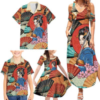 Japanese Geisha Katana Family Matching Summer Maxi Dress and Hawaiian Shirt Japan Sensu Seigaiha Pattern - Polynesian Pride