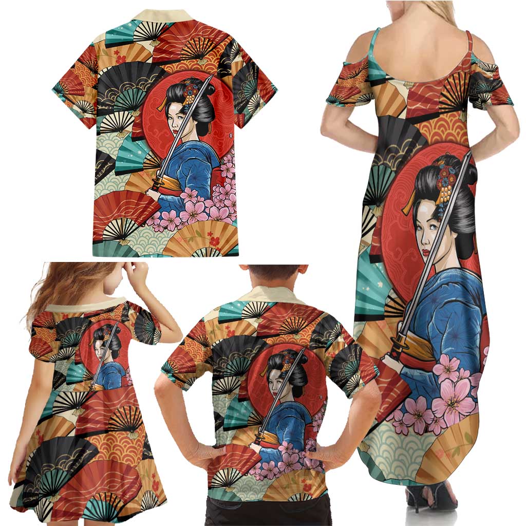 Japanese Geisha Katana Family Matching Summer Maxi Dress and Hawaiian Shirt Japan Sensu Seigaiha Pattern - Polynesian Pride