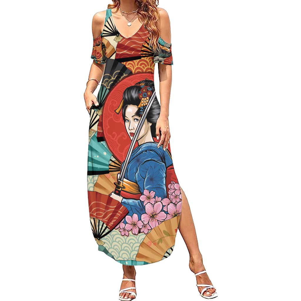 Japanese Geisha Katana Family Matching Summer Maxi Dress and Hawaiian Shirt Japan Sensu Seigaiha Pattern - Polynesian Pride