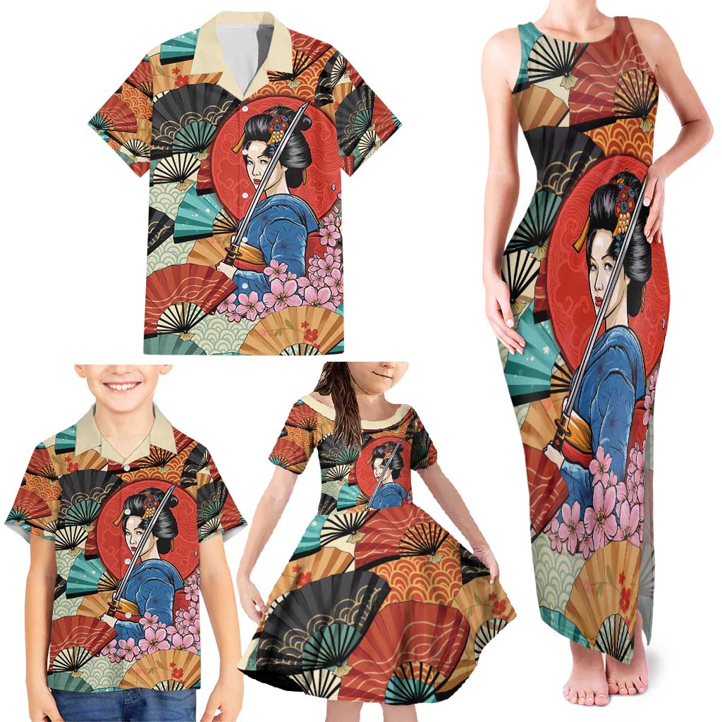 Japanese Geisha Katana Family Matching Tank Maxi Dress and Hawaiian Shirt Japan Sensu Seigaiha Pattern - Polynesian Pride
