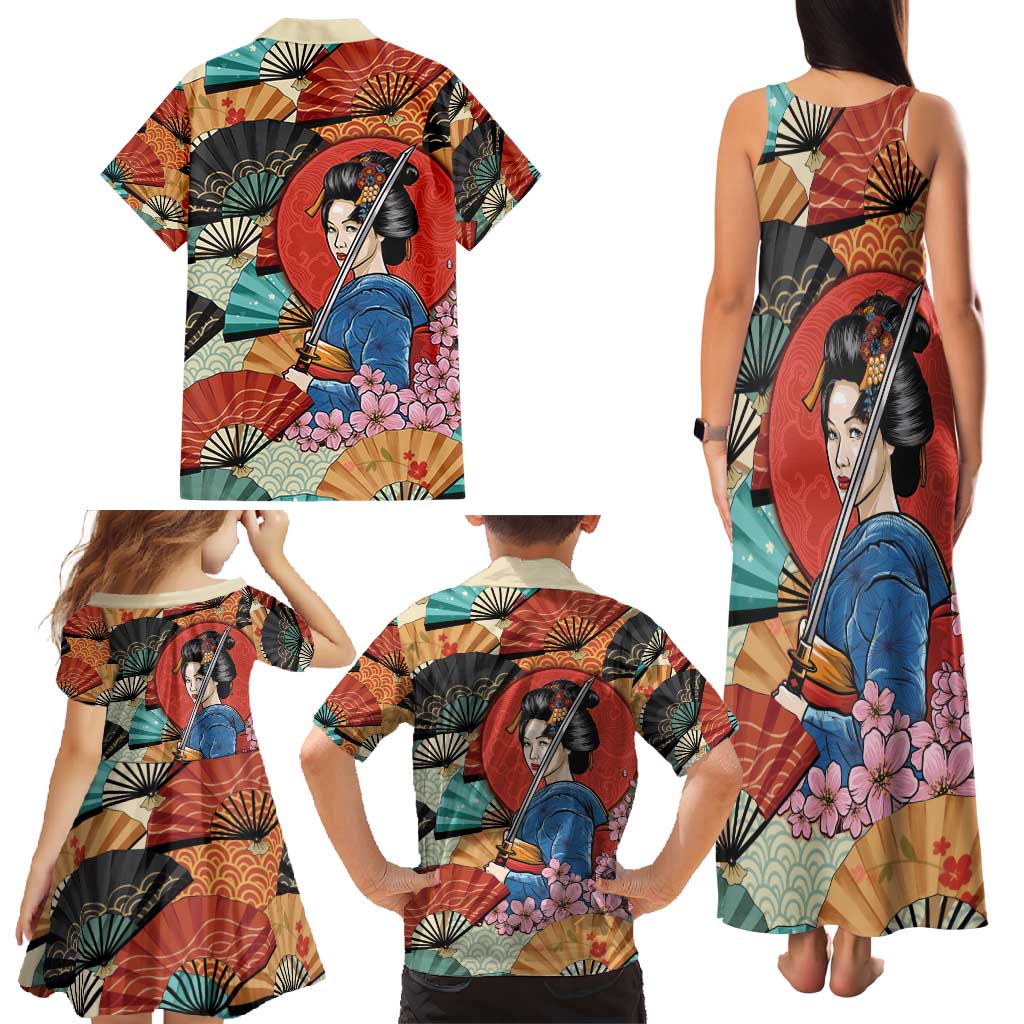 Japanese Geisha Katana Family Matching Tank Maxi Dress and Hawaiian Shirt Japan Sensu Seigaiha Pattern - Polynesian Pride