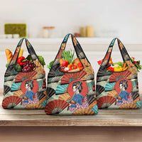 Japanese Geisha Katana Grocery Bag Japan Sensu Seigaiha Pattern LT14 3-pack One Size Multicolor - Polynesian Pride