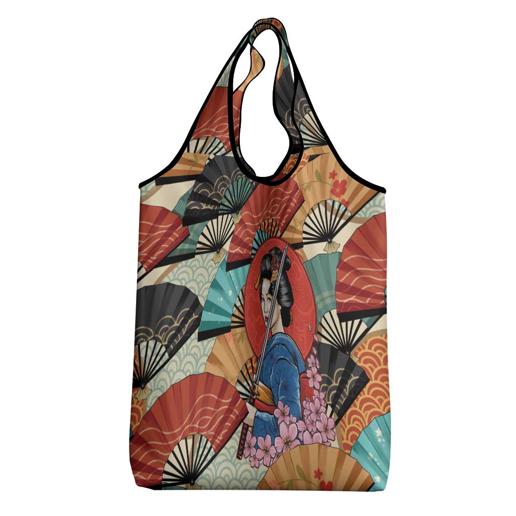 Japanese Geisha Katana Grocery Bag Japan Sensu Seigaiha Pattern LT14 - Polynesian Pride