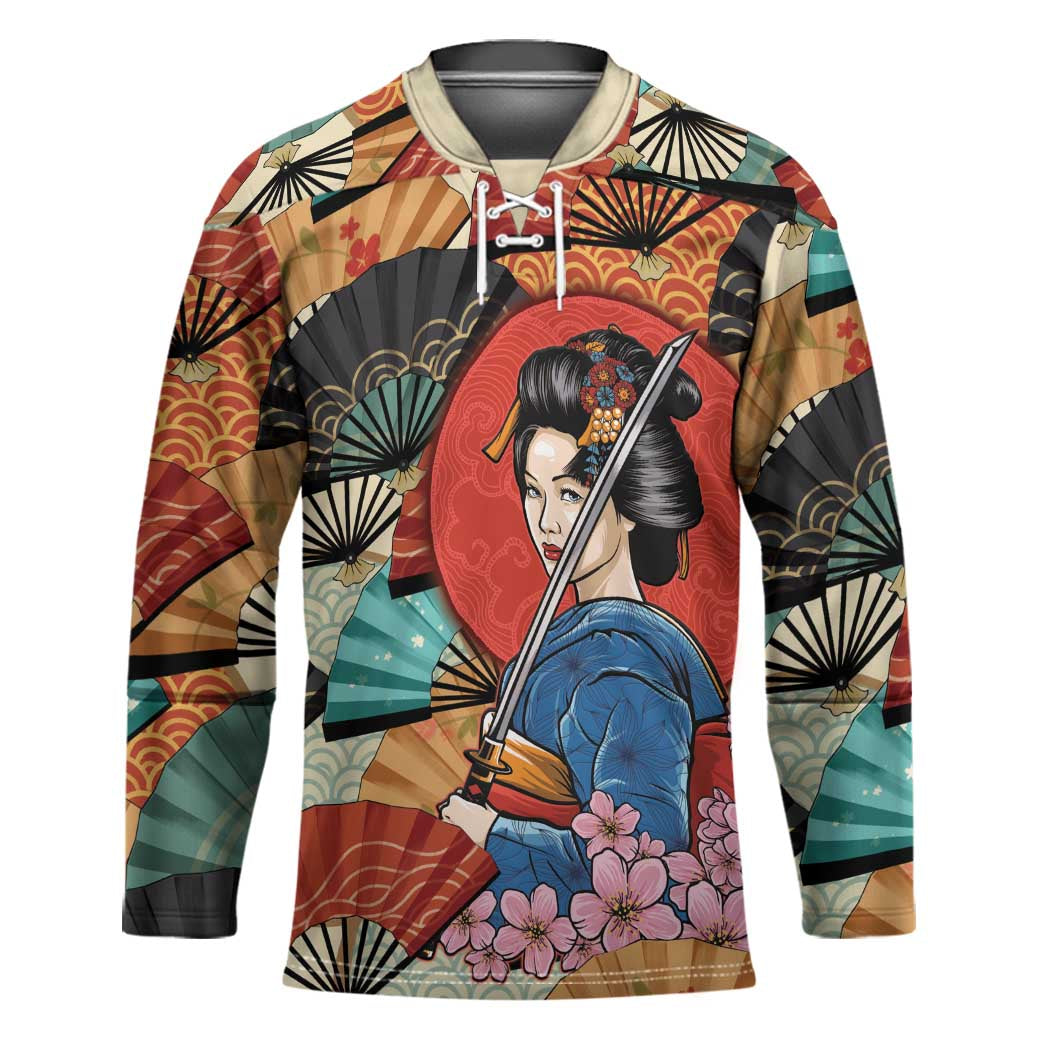 Japanese Geisha Katana Hockey Jersey Japan Sensu Seigaiha Pattern - Polynesian Pride
