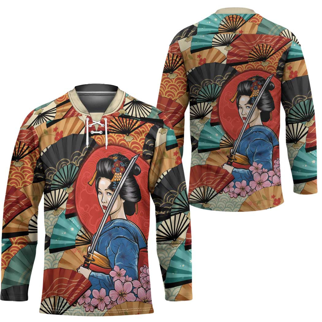 Japanese Geisha Katana Hockey Jersey Japan Sensu Seigaiha Pattern - Polynesian Pride