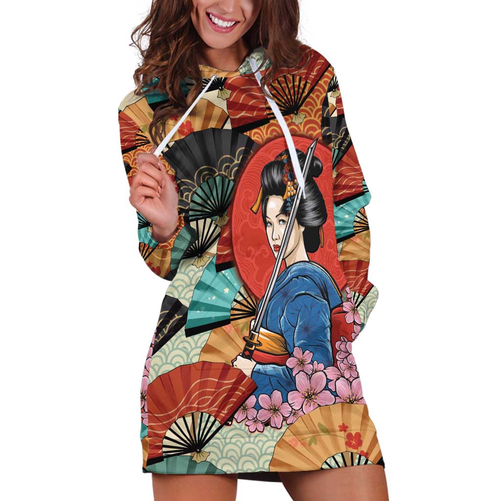 Japanese Geisha Katana Hoodie Dress Japan Sensu Seigaiha Pattern LT14 Multicolor - Polynesian Pride
