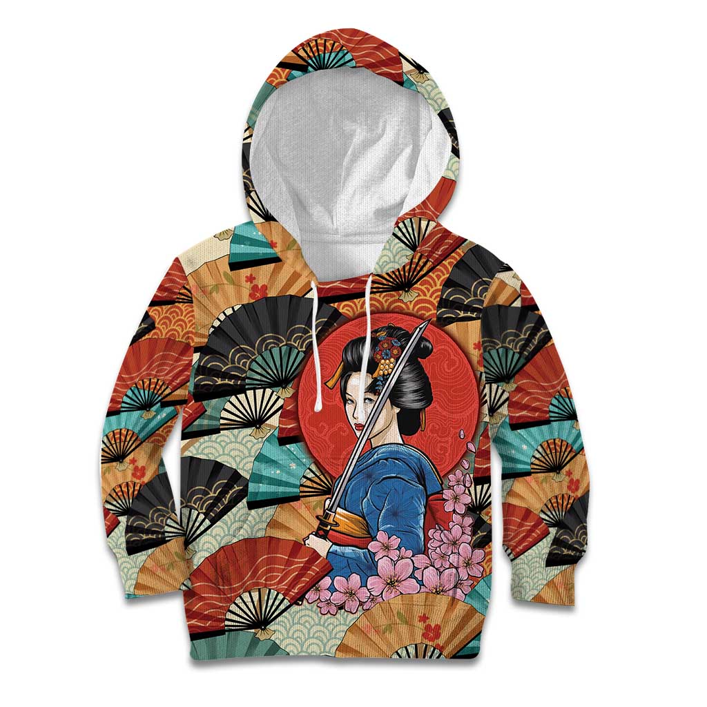 Japanese Geisha Katana Kid Hoodie Japan Sensu Seigaiha Pattern LT14 Hoodie Multicolor - Polynesian Pride