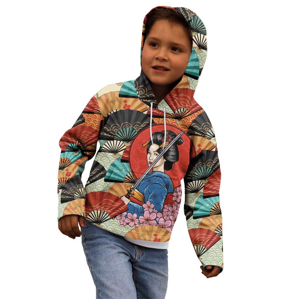 Japanese Geisha Katana Kid Hoodie Japan Sensu Seigaiha Pattern LT14 - Polynesian Pride