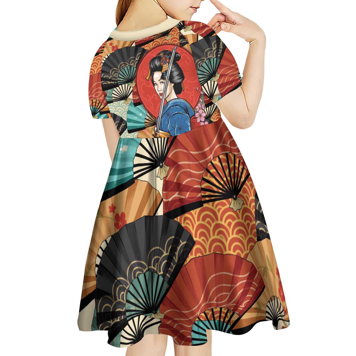 Japanese Geisha Katana Kid Short Sleeve Dress Japan Sensu Seigaiha Pattern LT14 - Polynesian Pride