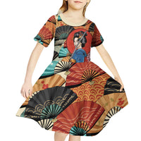 Japanese Geisha Katana Kid Short Sleeve Dress Japan Sensu Seigaiha Pattern LT14 - Polynesian Pride