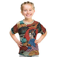 Japanese Geisha Katana Kid T Shirt Japan Sensu Seigaiha Pattern LT14 Multicolor - Polynesian Pride
