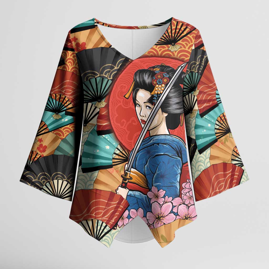 Japanese Geisha Katana Kimono Sleeve Blouse Japan Sensu Seigaiha Pattern LT14 Female Multicolor - Polynesian Pride