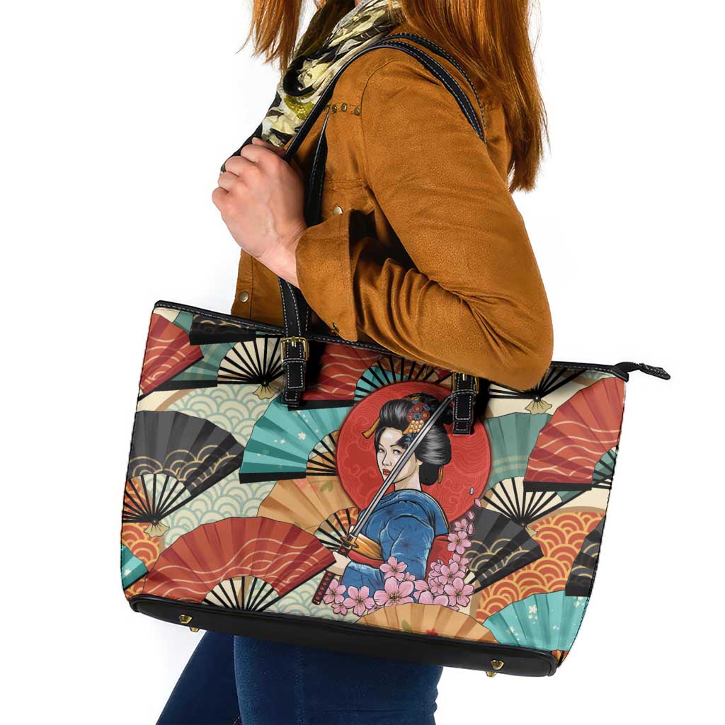 Japanese Geisha Katana Leather Tote Bag Japan Sensu Seigaiha Pattern LT14 Multicolor - Polynesian Pride