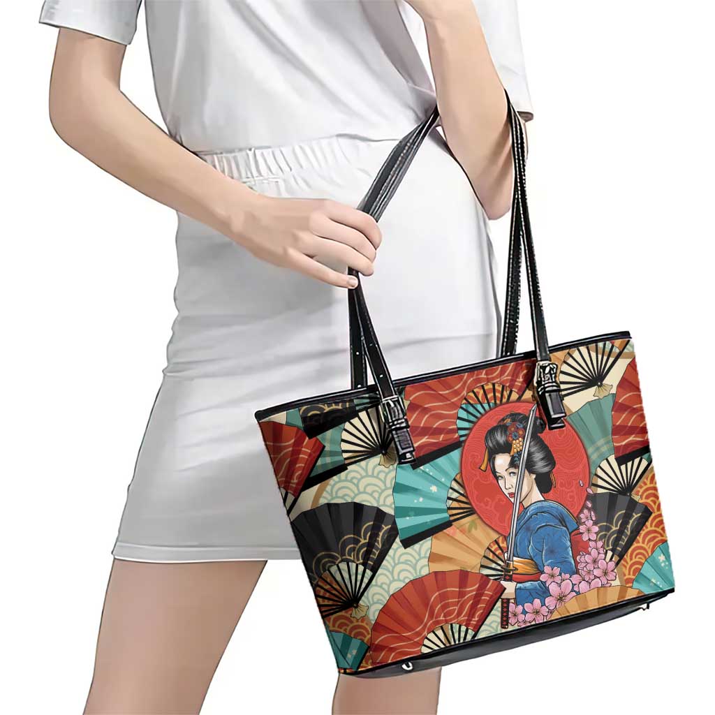 Japanese Geisha Katana Leather Tote Bag Japan Sensu Seigaiha Pattern LT14 - Polynesian Pride