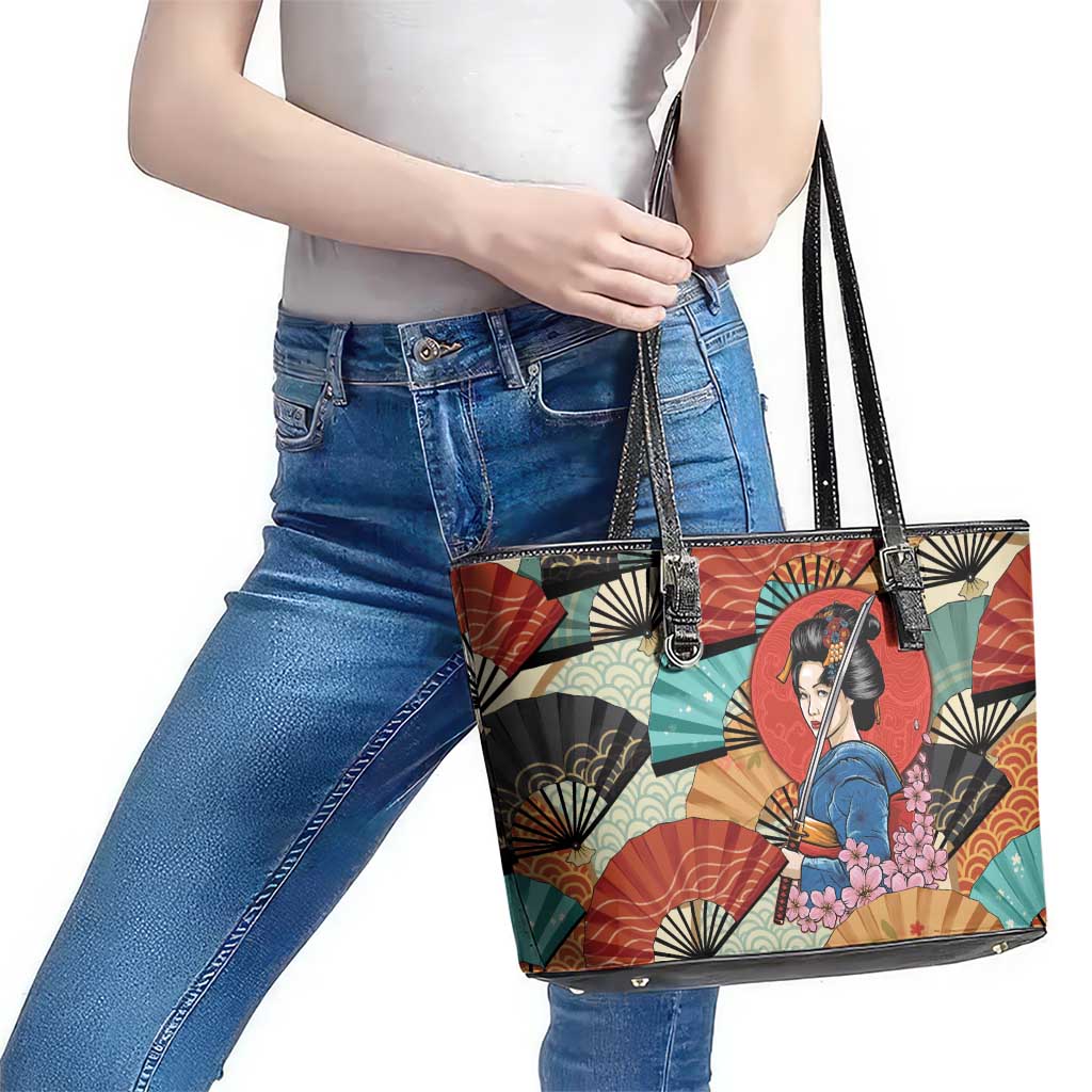 Japanese Geisha Katana Leather Tote Bag Japan Sensu Seigaiha Pattern LT14 - Polynesian Pride