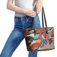 Japanese Geisha Katana Leather Tote Bag Japan Sensu Seigaiha Pattern LT14 - Polynesian Pride