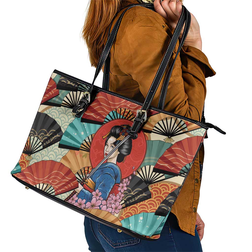 Japanese Geisha Katana Leather Tote Bag Japan Sensu Seigaiha Pattern LT14 - Polynesian Pride