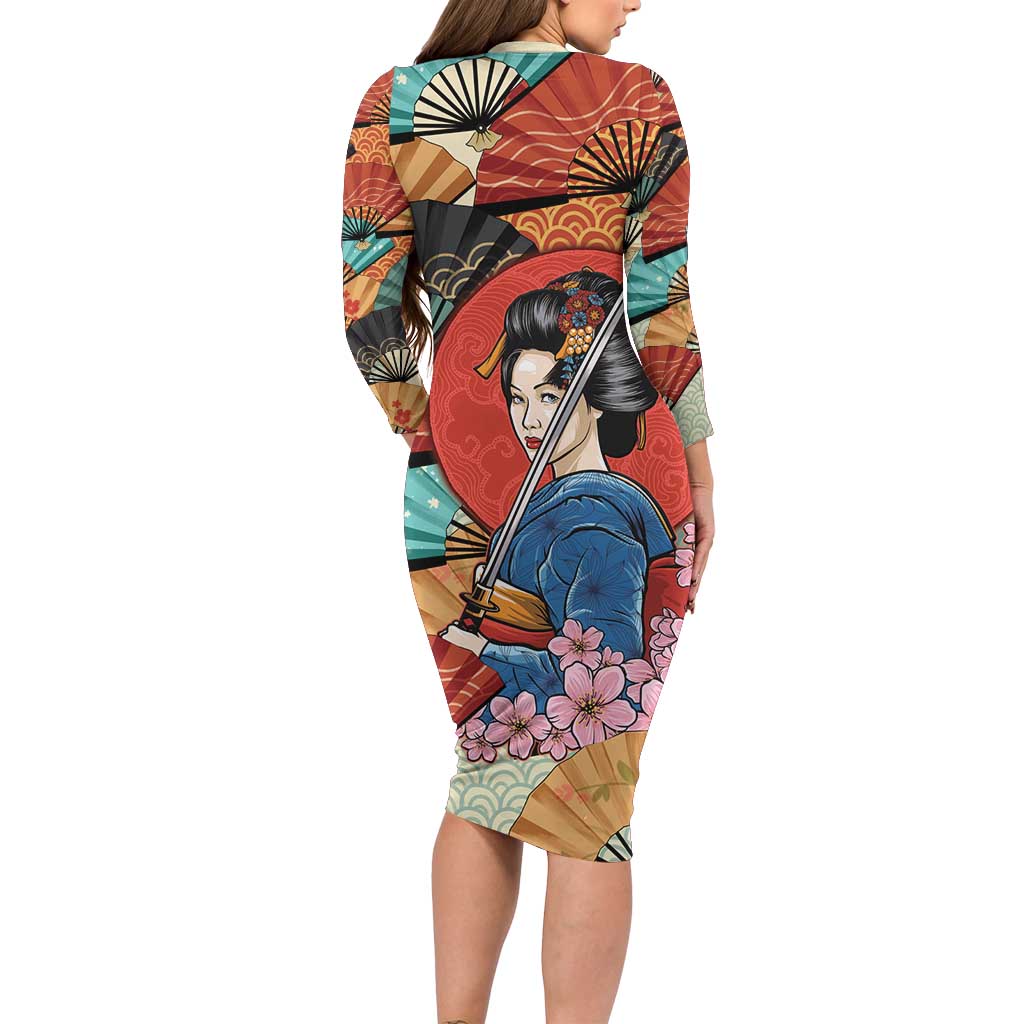 Japanese Geisha Katana Long Sleeve Bodycon Dress Japan Sensu Seigaiha Pattern LT14 - Polynesian Pride
