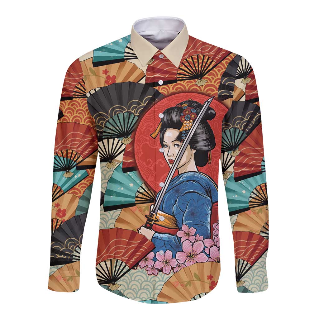 Japanese Geisha Katana Long Sleeve Button Shirt Japan Sensu Seigaiha Pattern LT14 Unisex Multicolor - Polynesian Pride