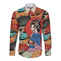 Japanese Geisha Katana Long Sleeve Button Shirt Japan Sensu Seigaiha Pattern LT14 Unisex Multicolor - Polynesian Pride