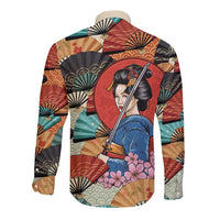 Japanese Geisha Katana Long Sleeve Button Shirt Japan Sensu Seigaiha Pattern LT14 - Polynesian Pride