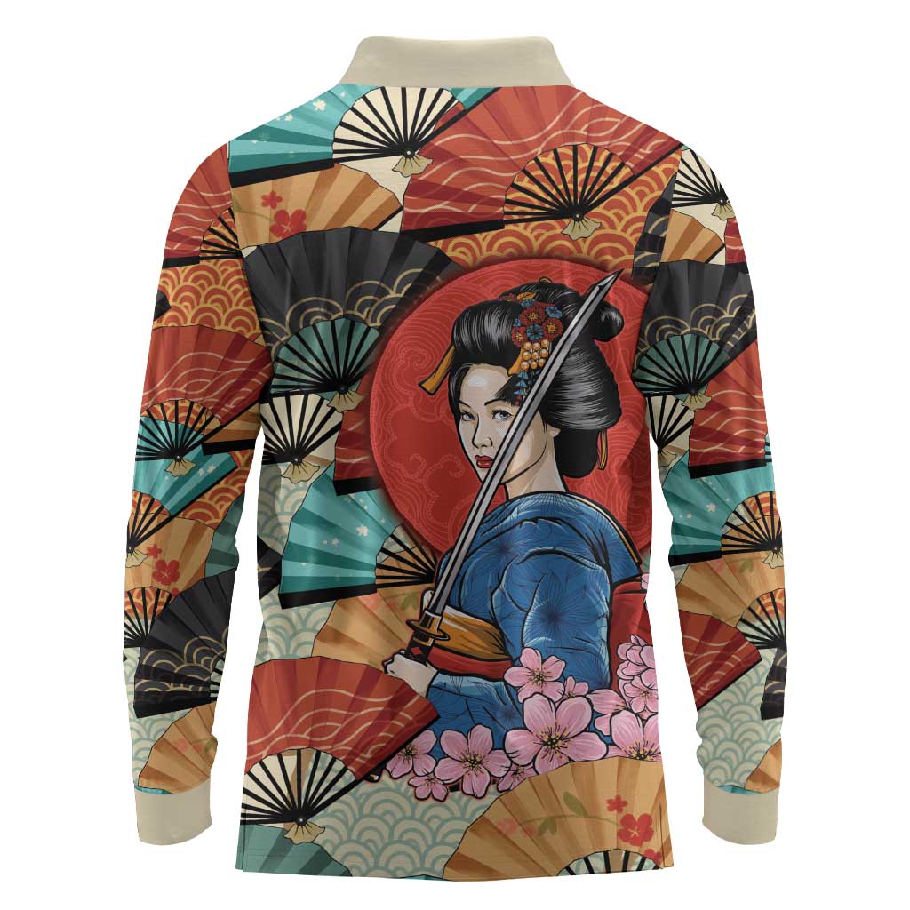 Japanese Geisha Katana Long Sleeve Polo Shirt Japan Sensu Seigaiha Pattern LT14 - Polynesian Pride