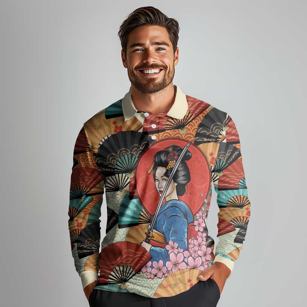 Japanese Geisha Katana Long Sleeve Polo Shirt Japan Sensu Seigaiha Pattern LT14 - Polynesian Pride