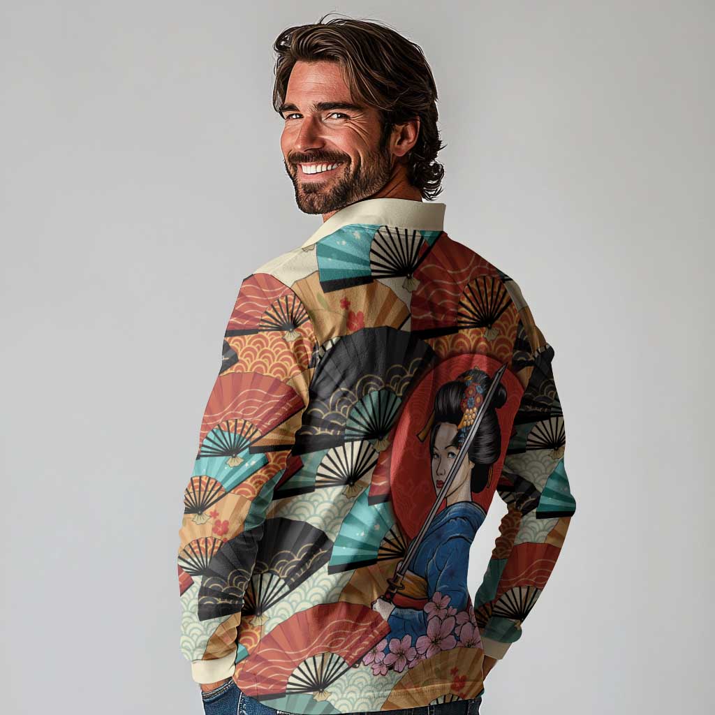 Japanese Geisha Katana Long Sleeve Polo Shirt Japan Sensu Seigaiha Pattern LT14 - Polynesian Pride